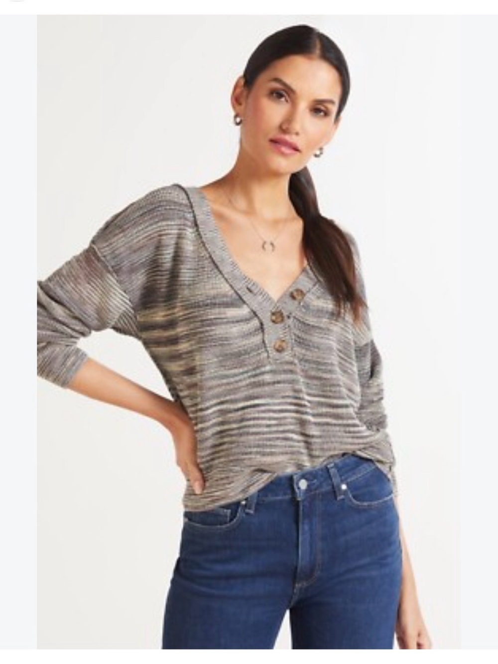 Free People Mercury Henley V-Neck Knit Sweater with Button - Multi Large
